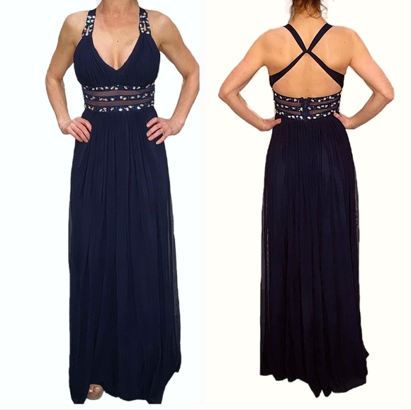 Navy Blue Gown Backless and Gem Embellishments Size 3/4 - Picture 1 of 10
